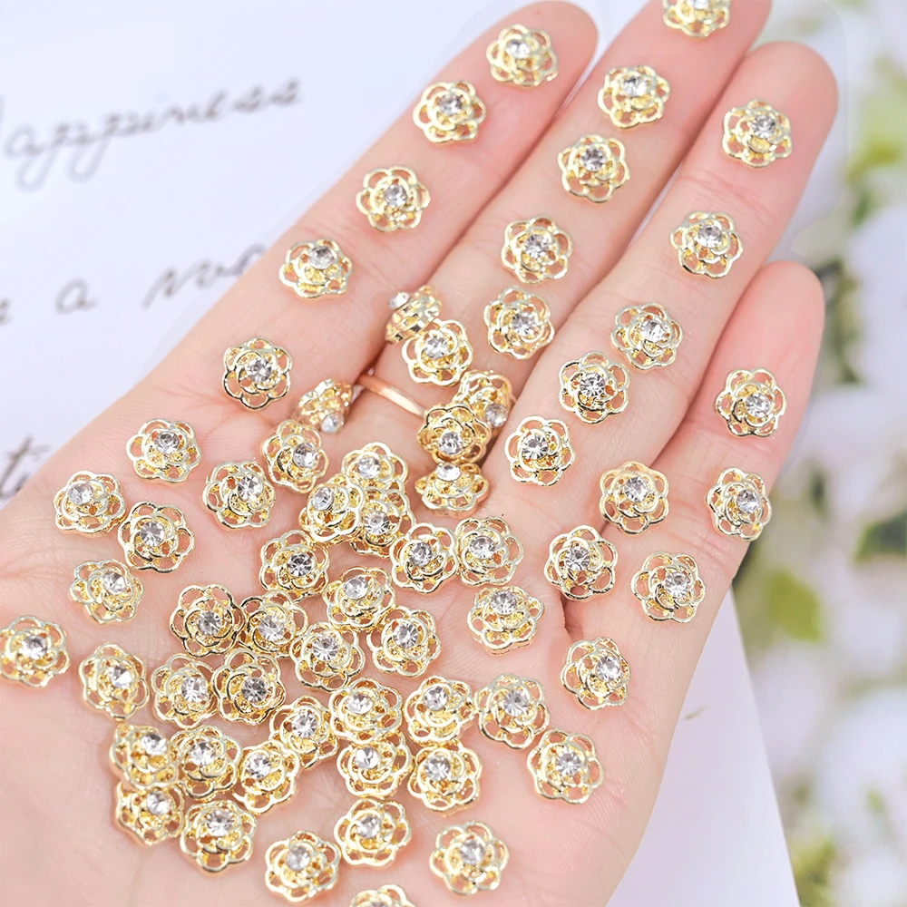 10 stücke Gold Rose Legierung Luxus Nagel Charms funkelnden hohlen Rose Glitter Diamant Valentinstag Nagels chmuck Maniküre Zubehör