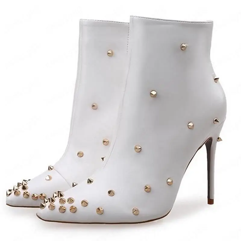 Sexy Pump Rivet Elegant Stiletto Ankle Boots Women Shoes Sharp Biker Point Toe Designer Motorcycle Leather Heel Footwear