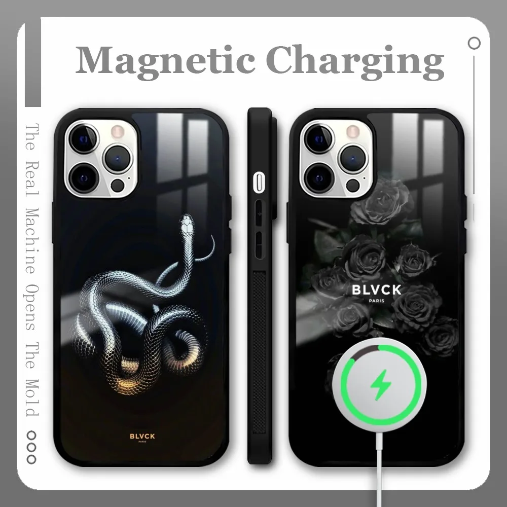 

Luxury Black B-Blvck Snake Flowers Phone Case For IPhone 16 15 14 13 Pro Max Plus Mini Magsafe Mirror Wireless Magnetic Cover