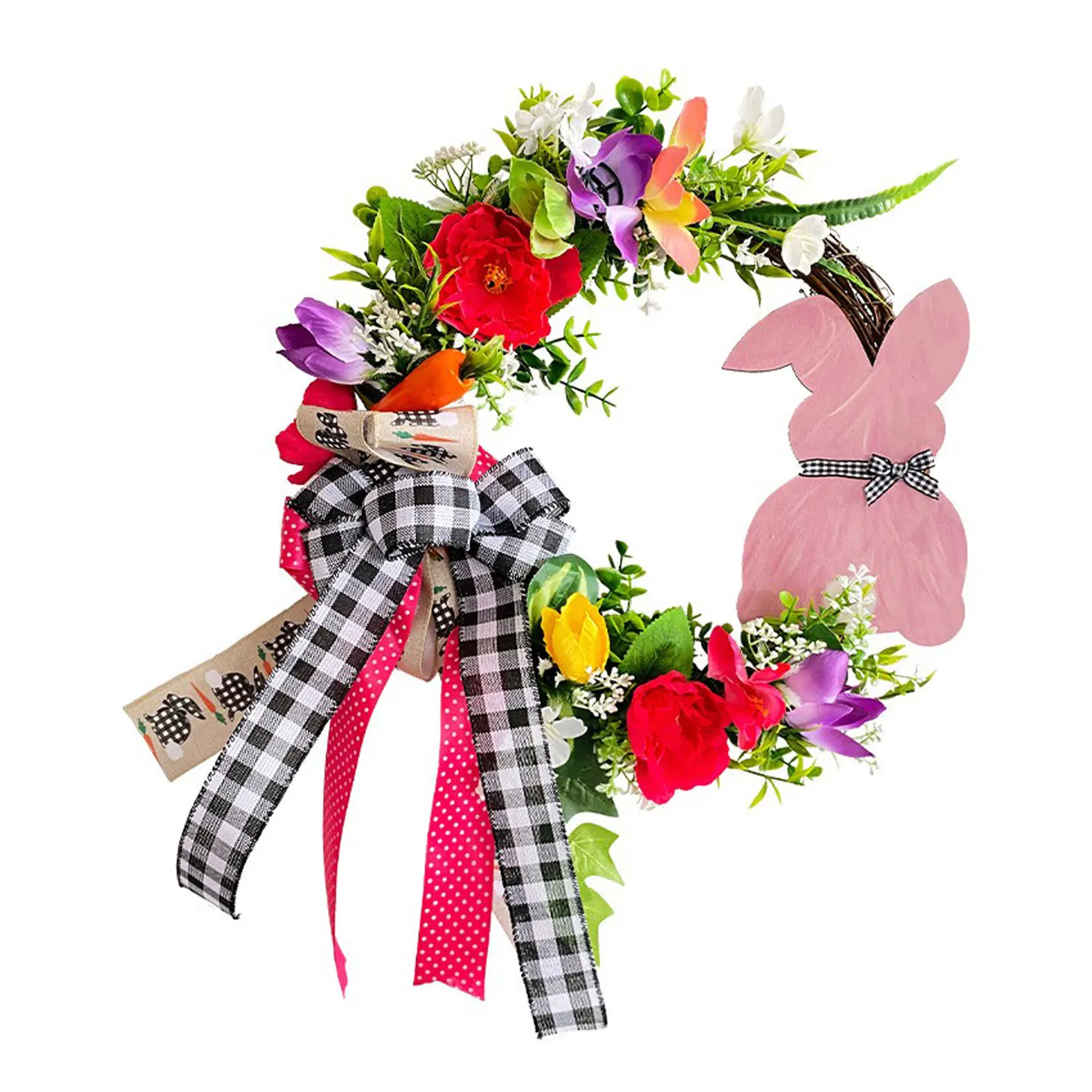 

2024 Easter Bunny Wooden Plague Artificial Flower Wreath, Easter Vine Ring Door Hanger, Outdoor Courtyard Decoration