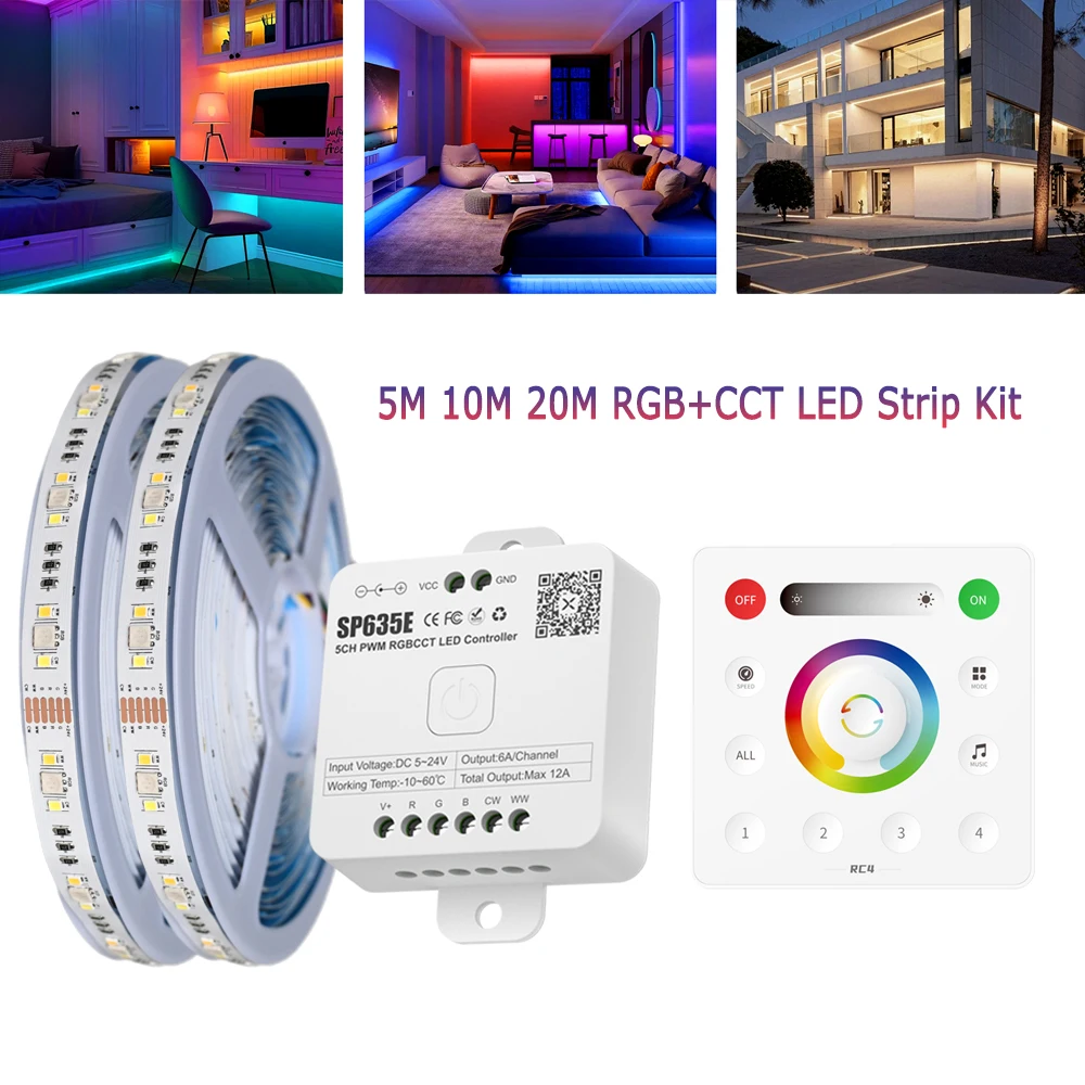 5m 10m 20m RGB+CCT LED Strip 24V 5050 Colorful+Dual White Flexible Dimmable Room Party Light Decor RF Touch Remote Control Kit