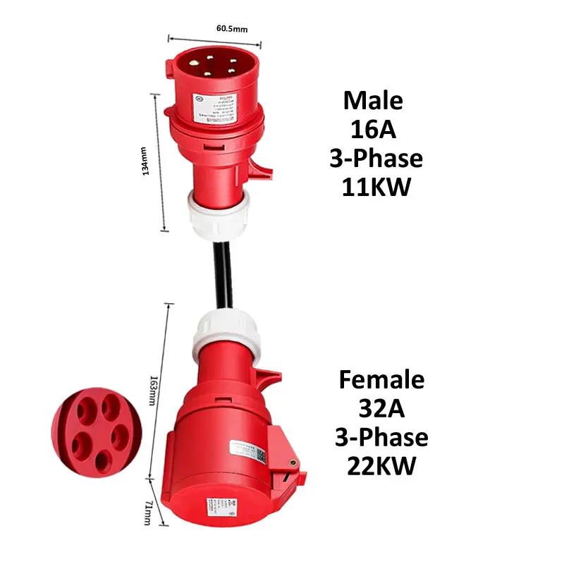 Ladeadapter für Elektrofahrzeuge CEE-Stecker 16A/32A Rot zu Buchse Blau 1-phasig 32A 7KW 16A 3,5KW Rot 3-phasig 16A 11KW 32A 22KW – Detail 5