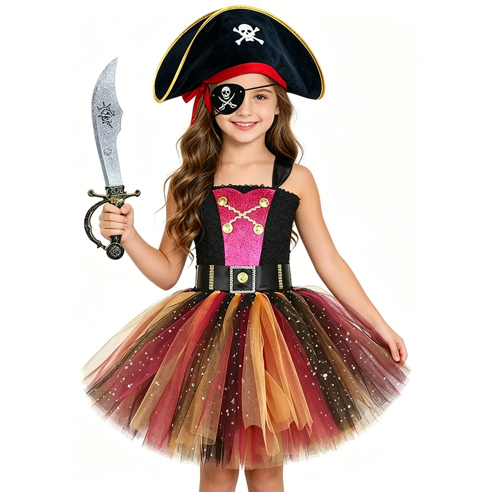 Fluffy Sparkly Pirate Costume for Girls Halloween Lined Tutu Dress with Eyes Patch Hat Sword Kids Carnival Party Disguise Outfit