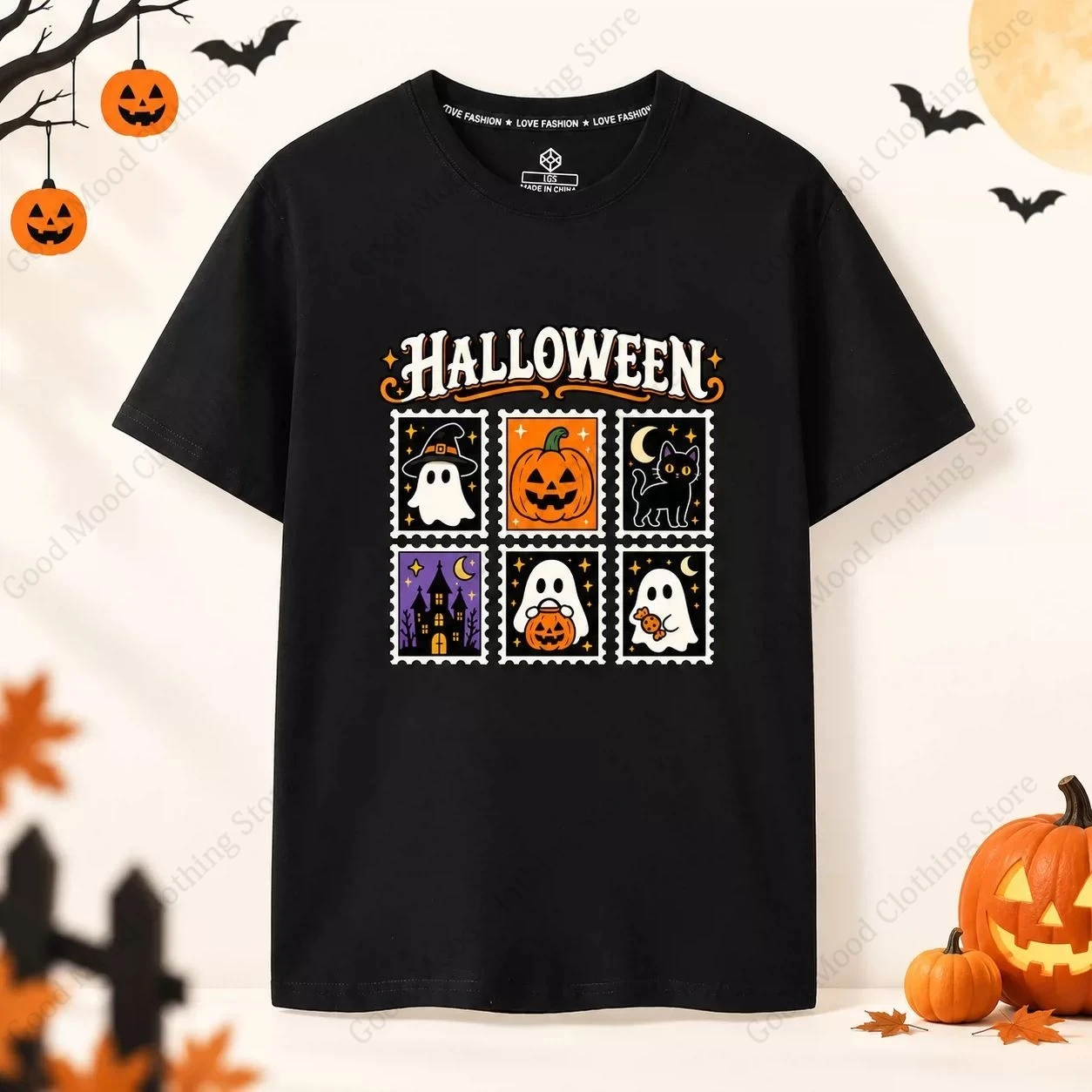 Halloween Graphic T-Shirt Cute Ghost Pumpkin Black Cat Haunted House Print Short Sleeve Tee Spooky Halloween Holiday Party Top