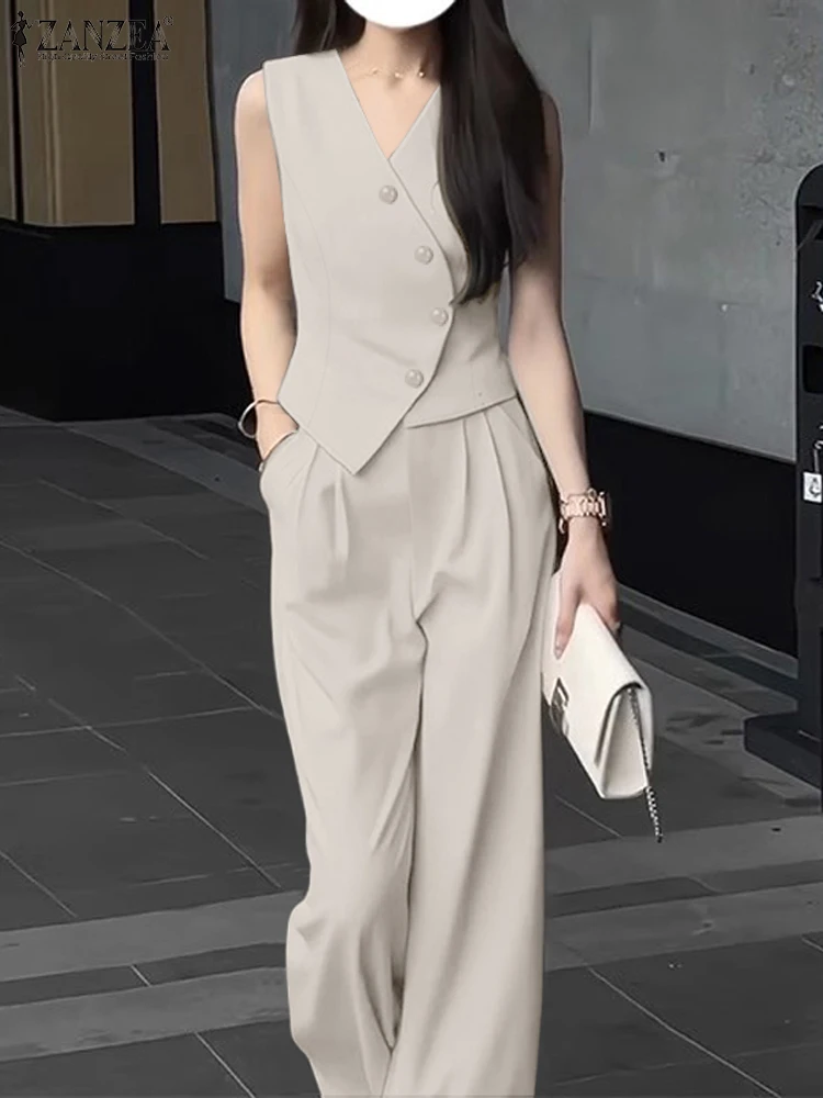 ZANZEA Wide Leg Trouser Solid Pant Sets Elegant Korean Fashion Commute Women Outfits Summer Irregular Vests Tops 2-Piece Sets