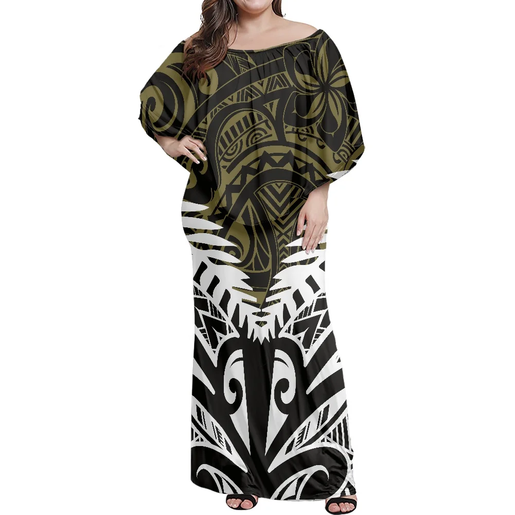 

2022 New Women Frill Off Shoulder Long Dress Samoa Polynesia Hawaiian Print Dress Female Off-the-shoulder Elegant Women Dress