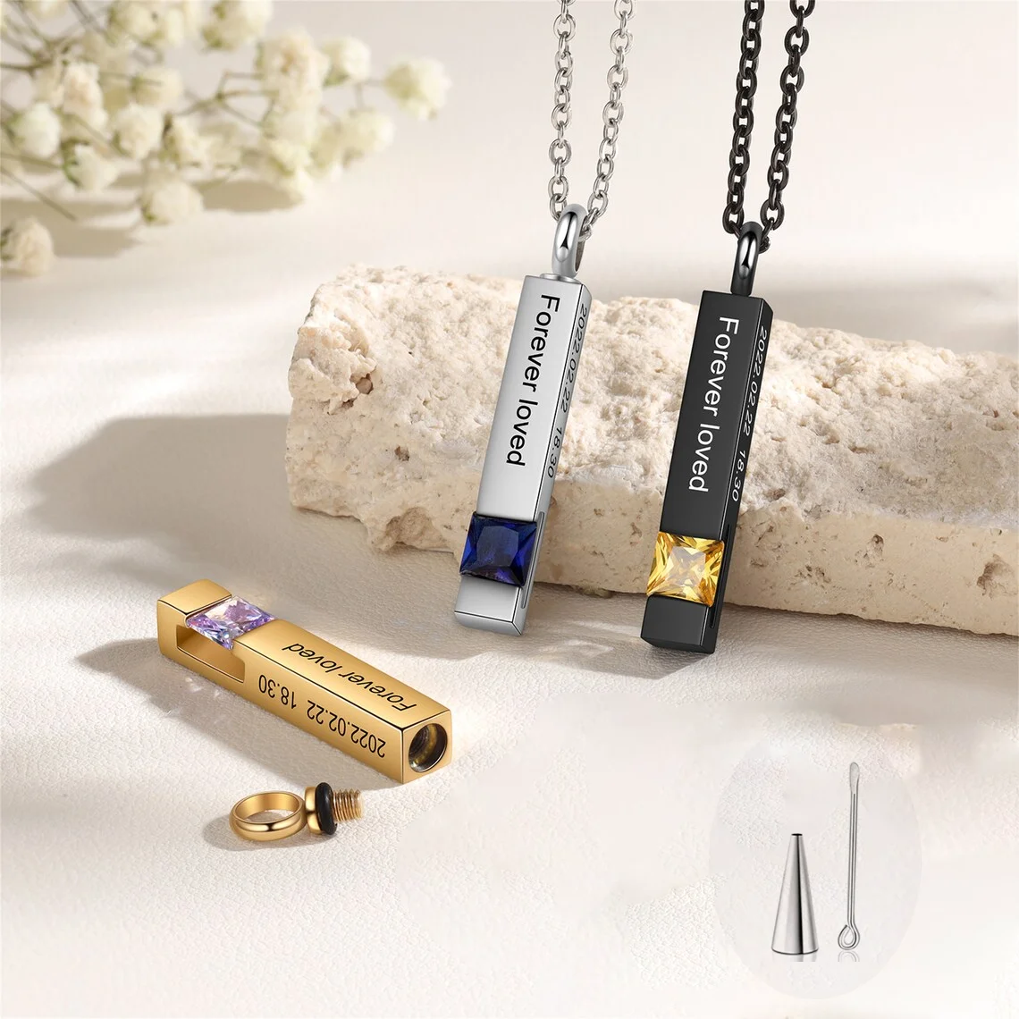Personalized Ashes Necklace-Cremation Urn Necklace-Custom Bar Ashes Necklace-Engraved Birthstone Ashes Necklace Length 50cm