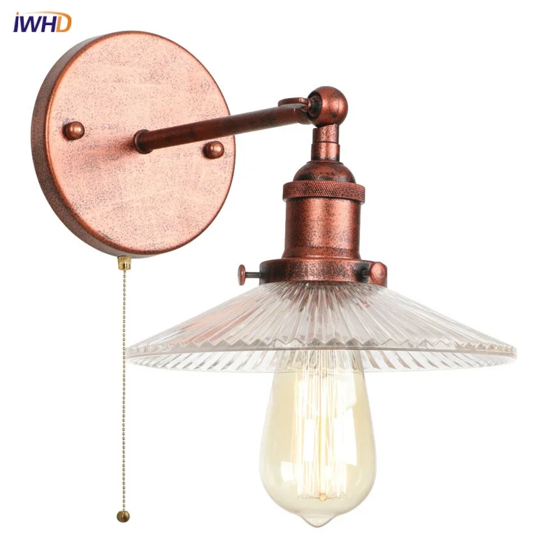 IWHD Indoor Home Decor LED Wall Lamp Retro Industrial Stair Balcony Bedroom Loft Pull Chain Switch Rustic Bathroom Mirror Light