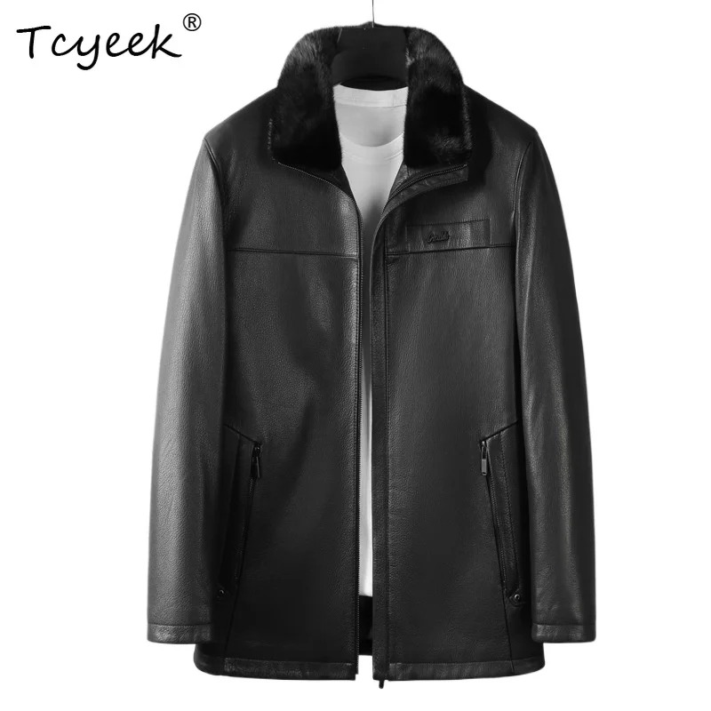 

Tcyeek Goatskin Autumn Winter Trendy Lapel Detachable Mink Inner Liner Medium Length Black Men's Genuine Leather Jacket 가죽자켓