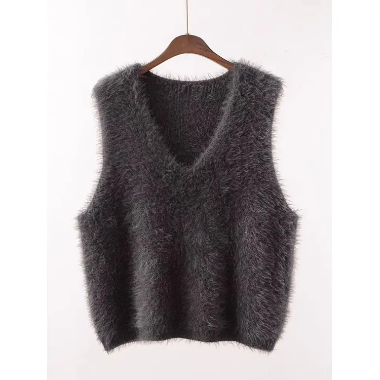 

Loose V-Ne Svel Knitted Sweater Vest Pure Color Imitation Fur Women's Autumn New Sle Faion Ladies Vest