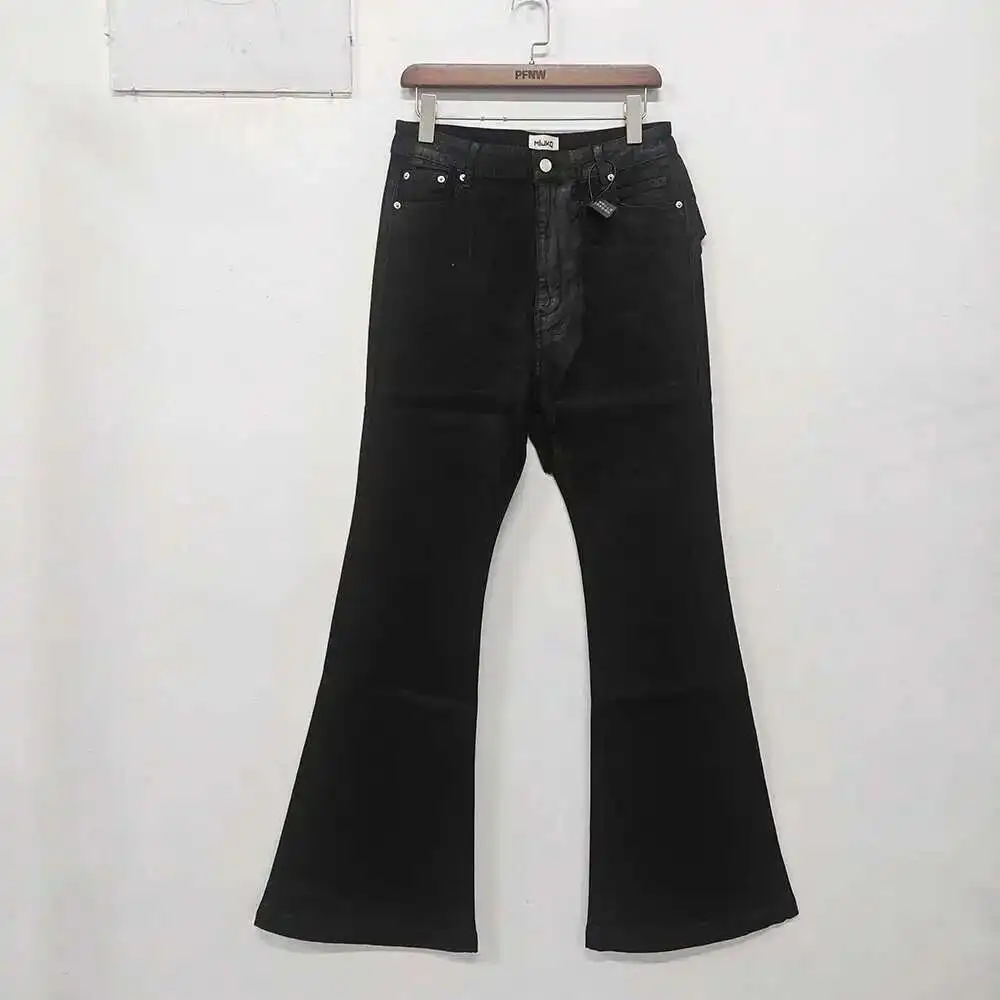 PFNW هاي ستريت المغلفة نحى مايكرو مضيئة السحب الجينز الأسود الرجال المد فضفاض مايكرو تمتد مشمع بنطلون المتخصصة تصميم 28W5688