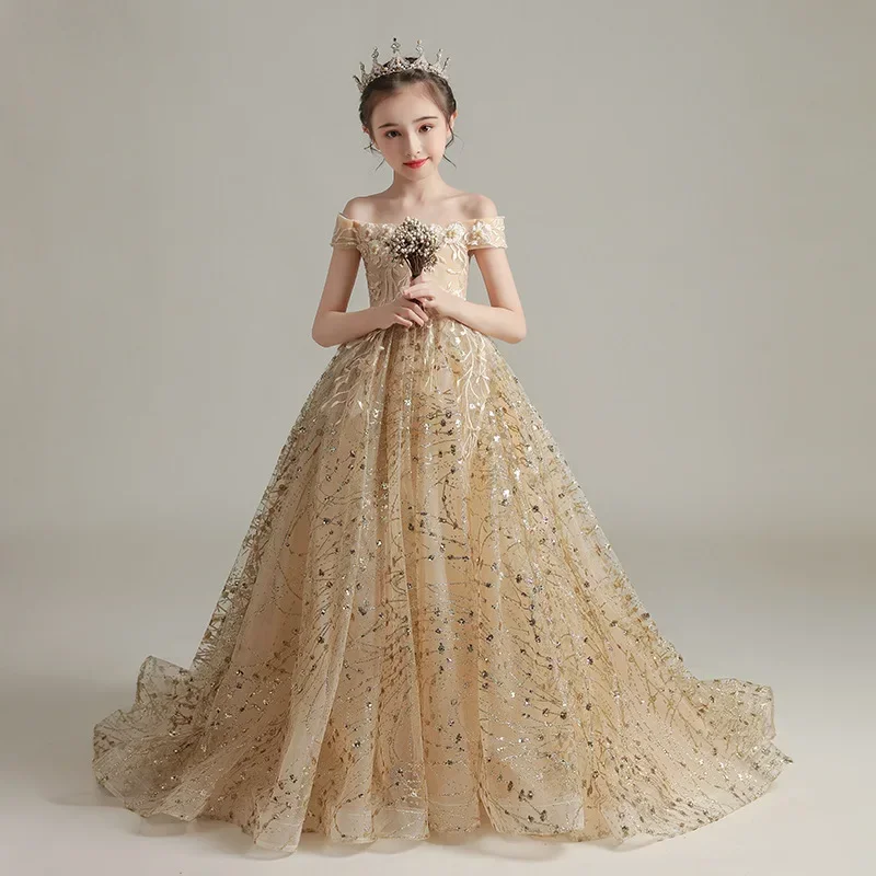 Party Tail Dresses Children Elegant Off Shoulder Embroidery Gown Flower Girls Wedding Bridesmaid Dress Teen Girls Gold Halloween