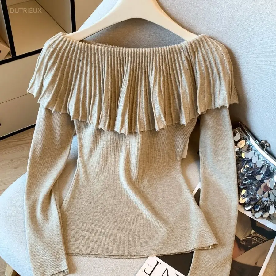 Slash Neck Ruffles Women Sweaters Solid Autumn Winter Elegant Short Pullovers Korean Fashion Chic Retro Pull Femme