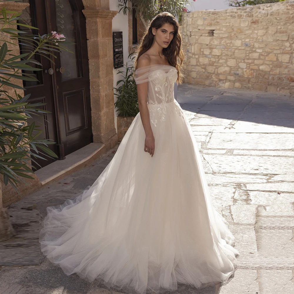 

Classic Strapless Wedding Dresses Off The Shoulder Applique Bridal Grown Sweetheart Neck Sequins Tulle A Line Vestidos De Novia