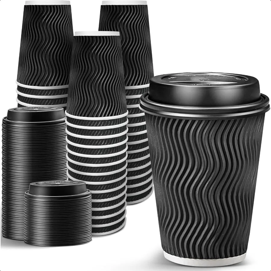 

100 Pack 12 oz Coffee Cups with Lids ToGo Paper Coffee Cups for Hot Beverage Chocolate and Cocoa Coffee Bar Accories Black