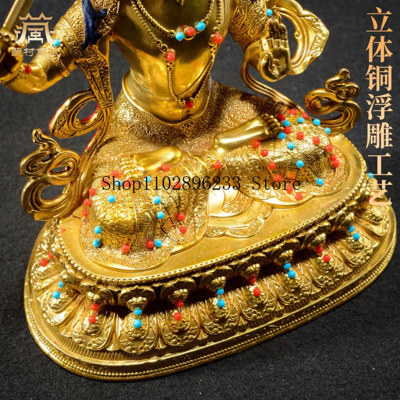 Fully Gilded《Manjusri Bodhisattva》Indoor home decor with colorful bead embellishments《Manjushri》Copper Buddha statue ornament