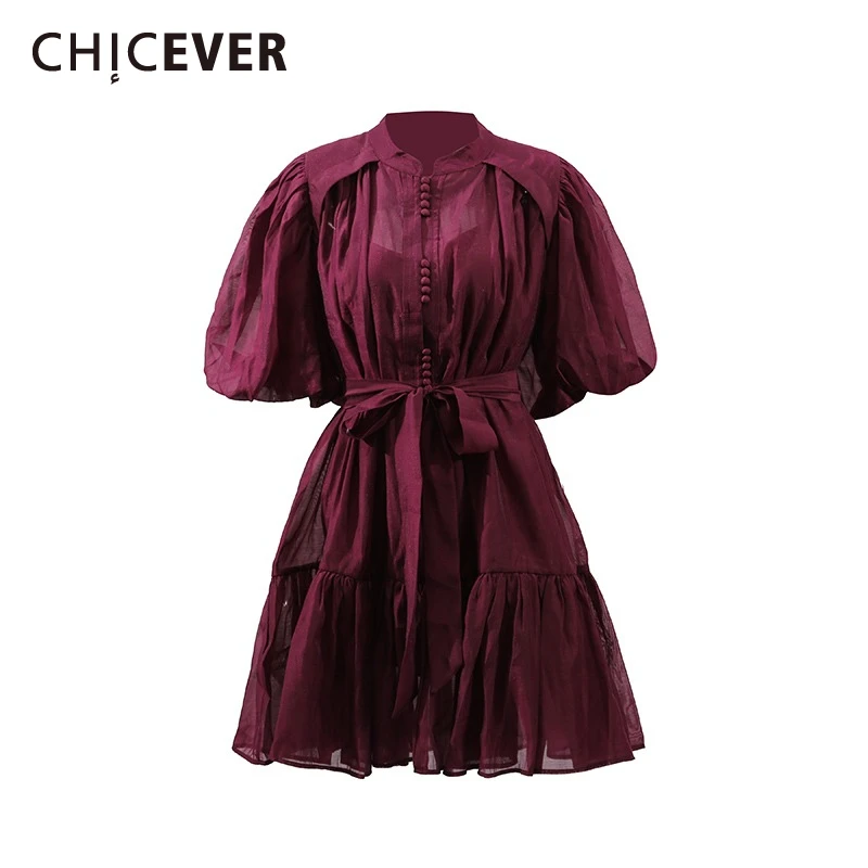 

CHICEVER Elegant Spliced Lace Up Solid Dresses for Women Round Neck Short Sleeves Patchwork See Through Loose Dress Female New