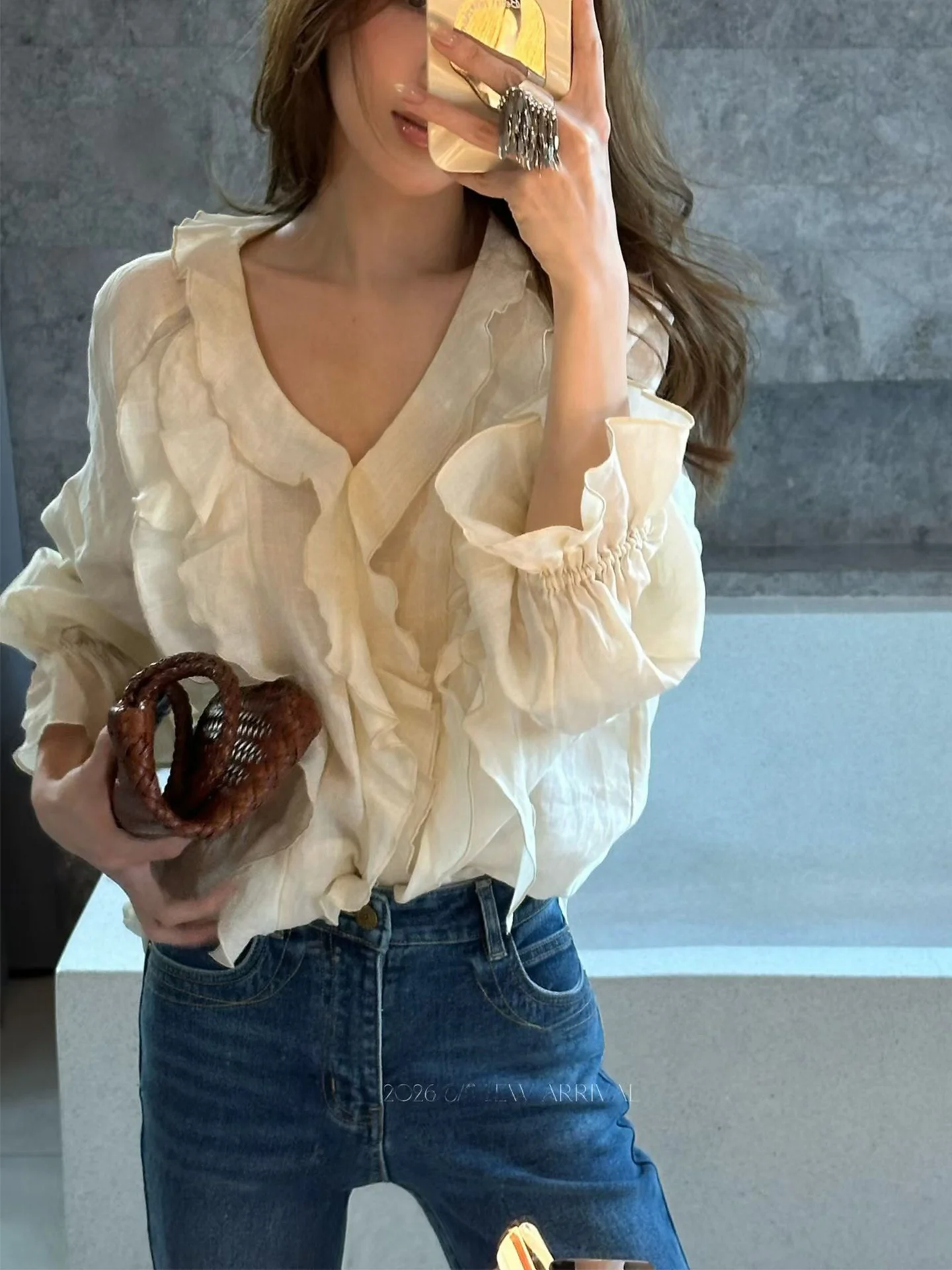 

00% Linen Heavy Embellied irt Women Long Sve V-Ne Casual Pure Color Top Spring Summer Vaion Lazy Sle