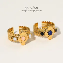 YACHAN Boho Vintage Stainless Steel Rings for Women Pink Natural Stone Lazurite 18K Gold Plated Aesthetic Trend Jewelry