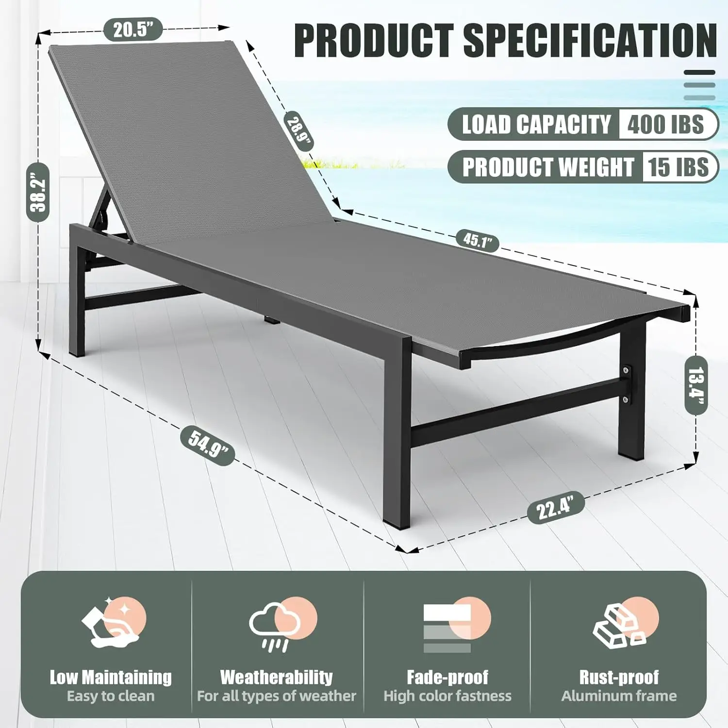 Woajuqo Aluminum Chaise Lounge Chair Outdoor Set Of 2,Pool Lounge Chair With Adjustable 5-Position Recliner,Full Flat Tanning