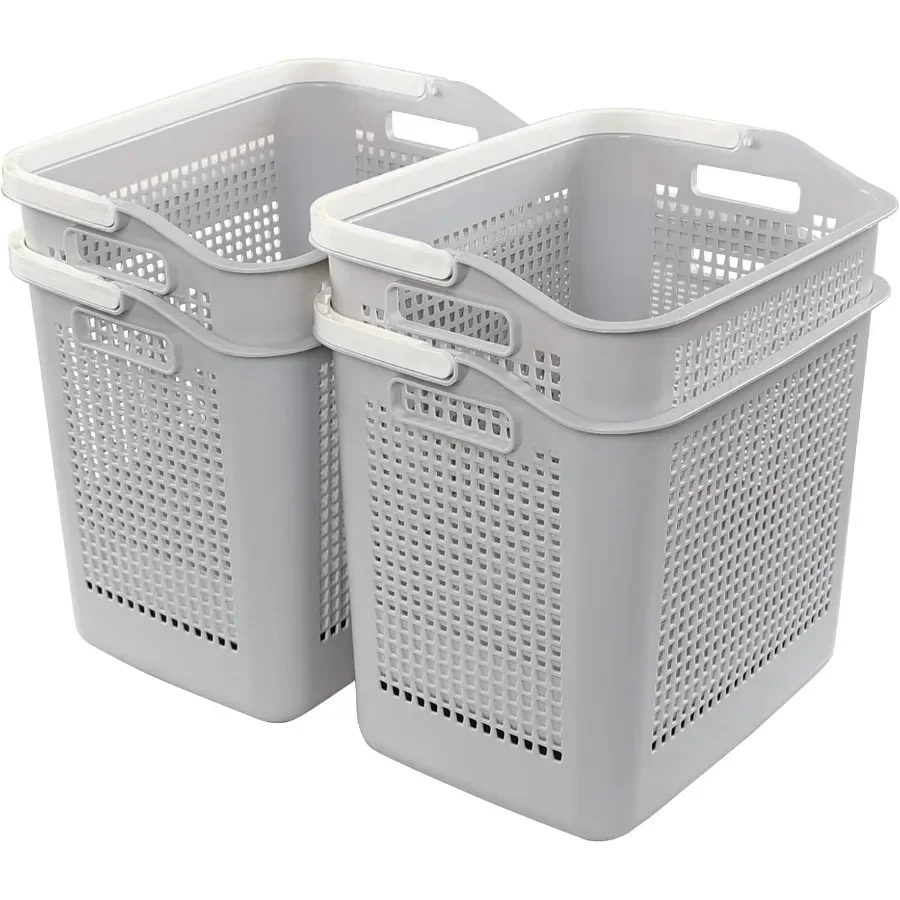 4-Pack 35 L Plastic Laundry Baskets, Gray Clothes Basket with Handle