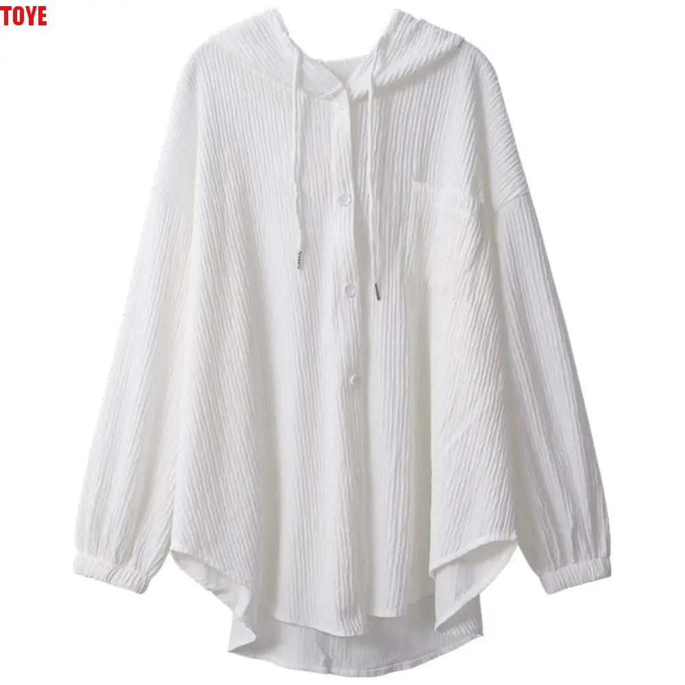 

Comfortable Drawstring Hooded Shirt Simple Ice Silk Long Sleeved Hooded Clothing Loose Sun Protection Tops Women
