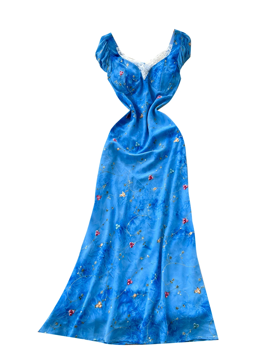 Retro Spitze Splice Bubble Sve Blumendruck Sommer Schlankheits Chiffon Dr Damen A-Linie Rock mit hoher Taille Ort Sve Dr