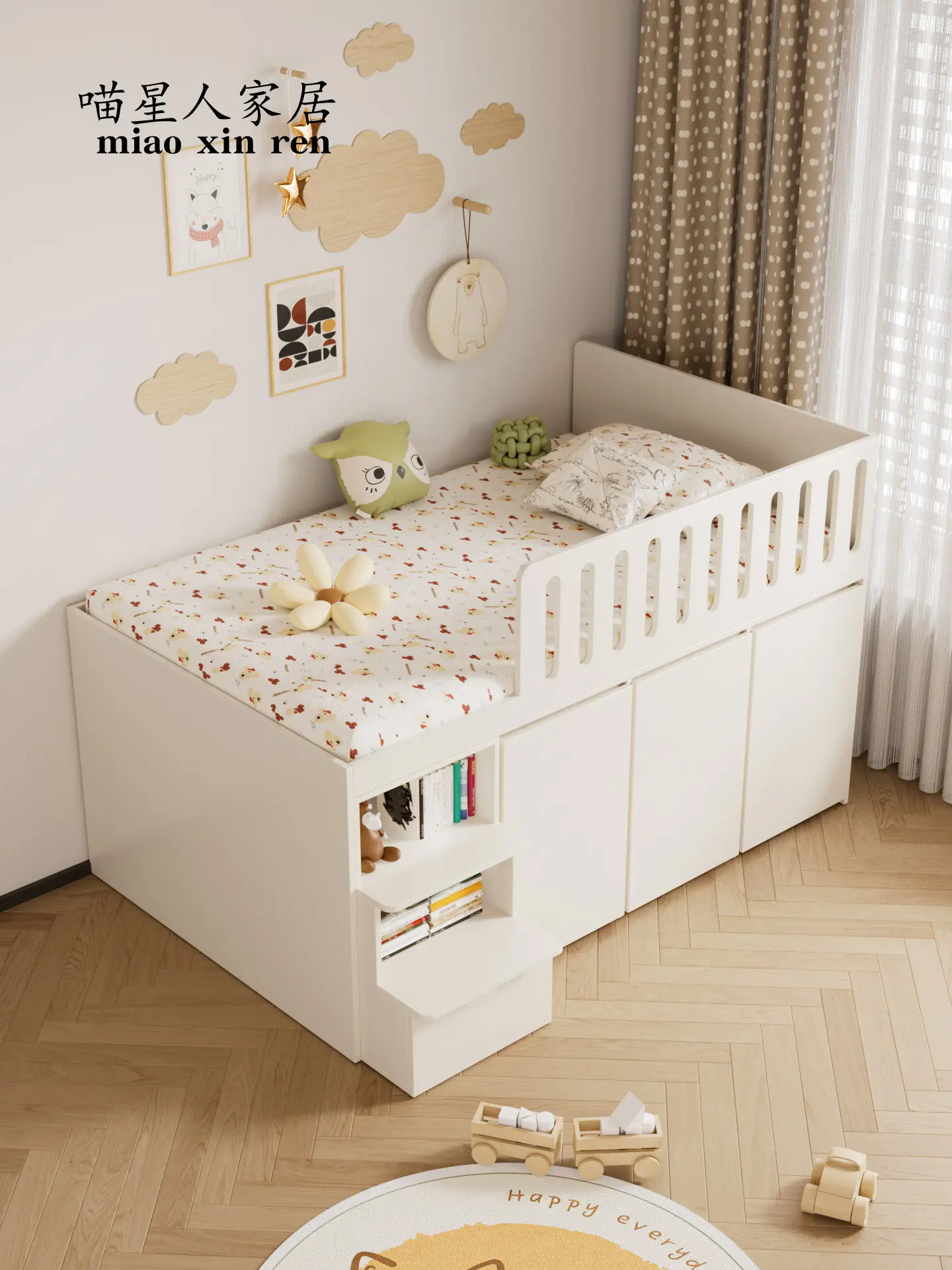 Half-height bed, bed, lower cabinet, cream wind pullable wardrobe, desk, cat cabinet, multi-function bed, storage wardrobe bed