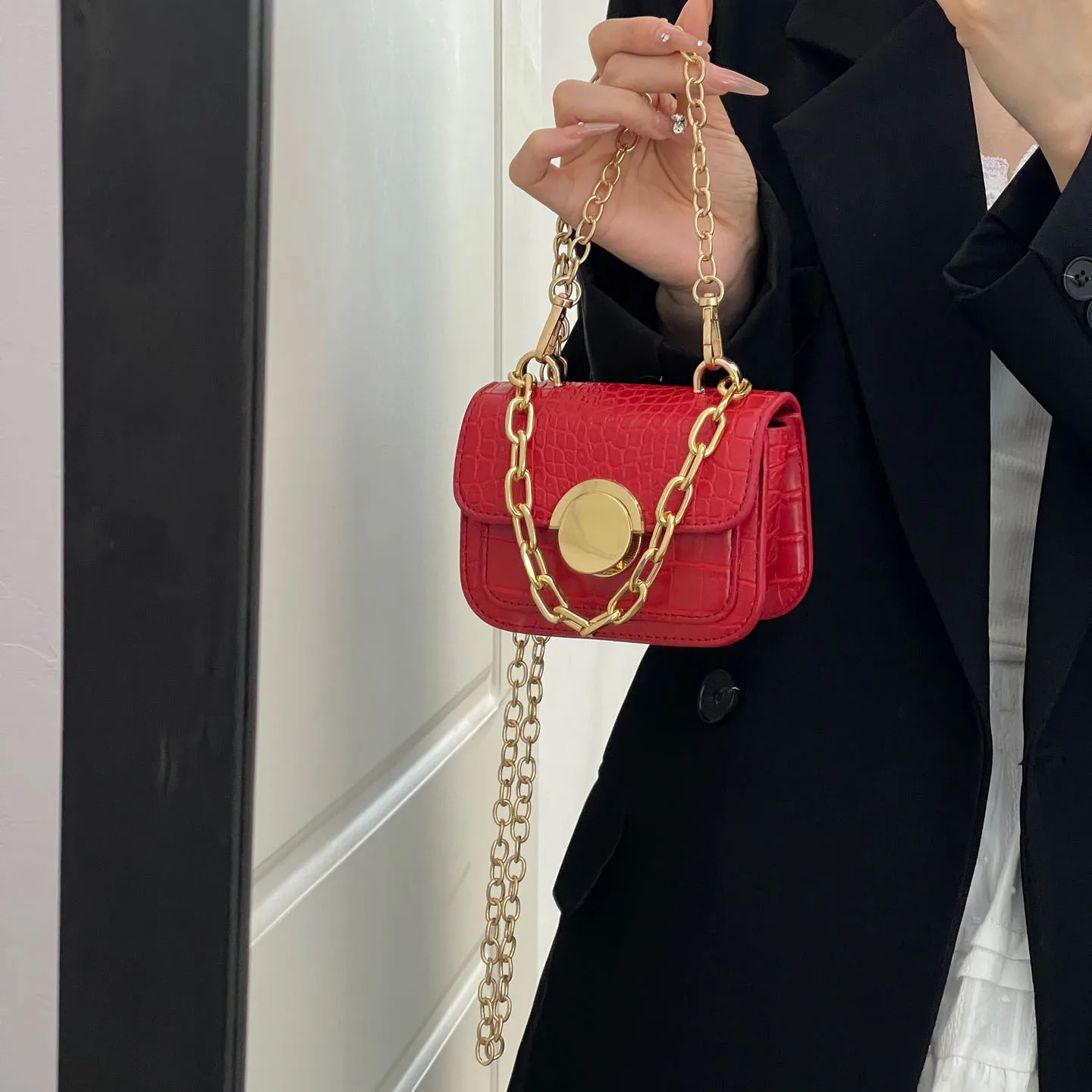 

Women's Stone Pattern Design Mini Chain Crossbody Bag New PU Small Square Bag Popular Mouth Red Envelope Earphone Storage Bag