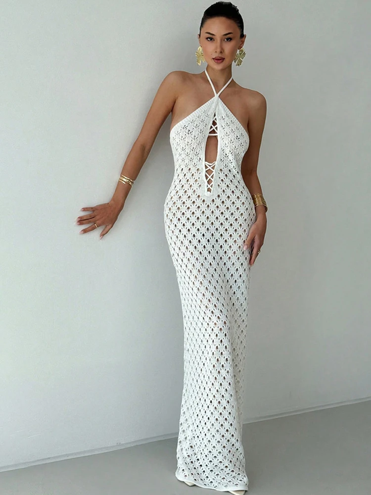 ByeMyLove ถัก Sheer Bodycon Maxi ชุด Hollow Out & Halter คอ, เซ็กซี่ชุดยาวสําหรับชุดราตรี Beachwear