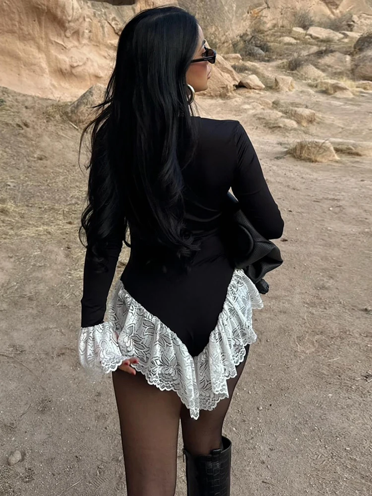 奇妙な猫のようなセクシーなレースパッチワークボディスーツ女性用Uネックジャカードフリルエレガントセクシーシンプルファッションストレッチスリムストリートクラブウェア