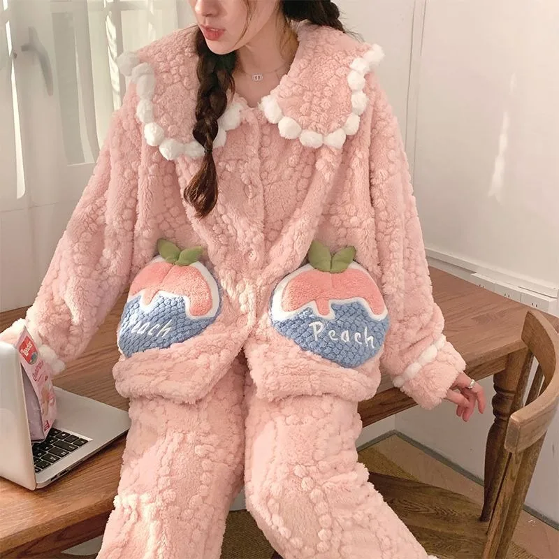 Girls Sleepwear Women's Coral Velvet Autumn Winter Loungewear Famale New Plush Thick Pajamas Set Doll Collar Student Home Outfit
