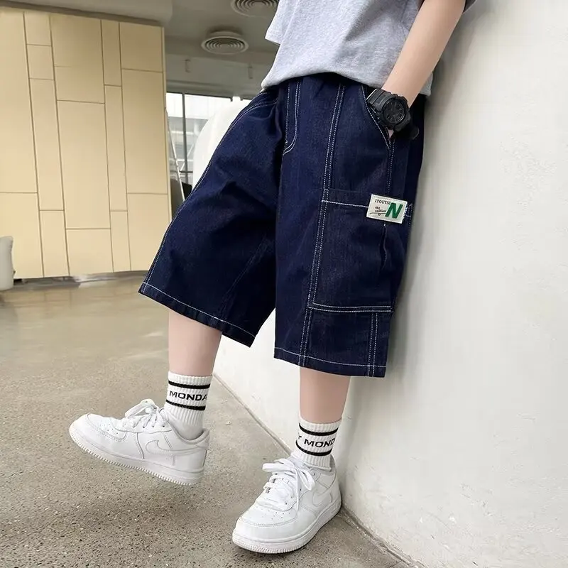 

2025 New Literary Jeans Lazy Harajuku Trend Summer Simple Children's Clothing Popular Temperament Three-quarter Pants 5-14Years