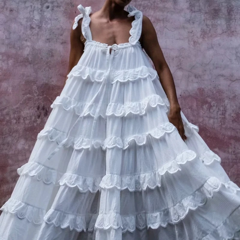 Vestido largo de verano sin mangas con cuello Halter para mujer, traje de playa con volantes, elegante, ahuecado, 2024