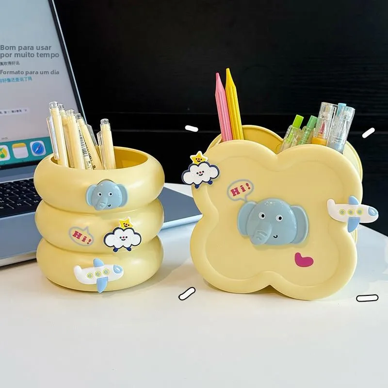 かわいい象のペンホルダークリエイティブ学生デスクトップ文具バケツ大容量デスクメイクブラシ収納チューブオーガナイザー