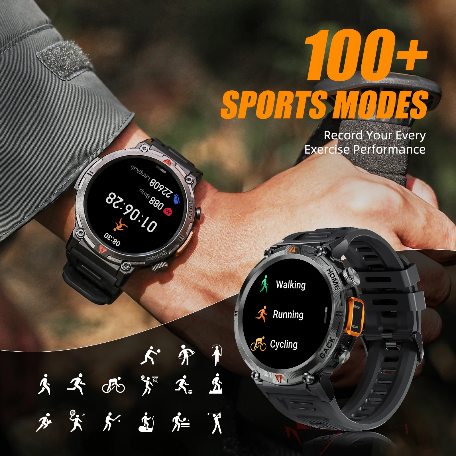 EIGIIS Smart Watch 3ATM Impermeabile 2023 Design originale per uomo Chiamata Bluetooth Monitor sanitario con torcia elettrica 100+ modalità sportive