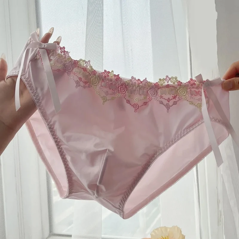 Men Briefs Milk Silk Sexy Soft Briefs Boy Lace Bow Panties Pure Color Comfortable Breathable Gay Intimates Male Underpants