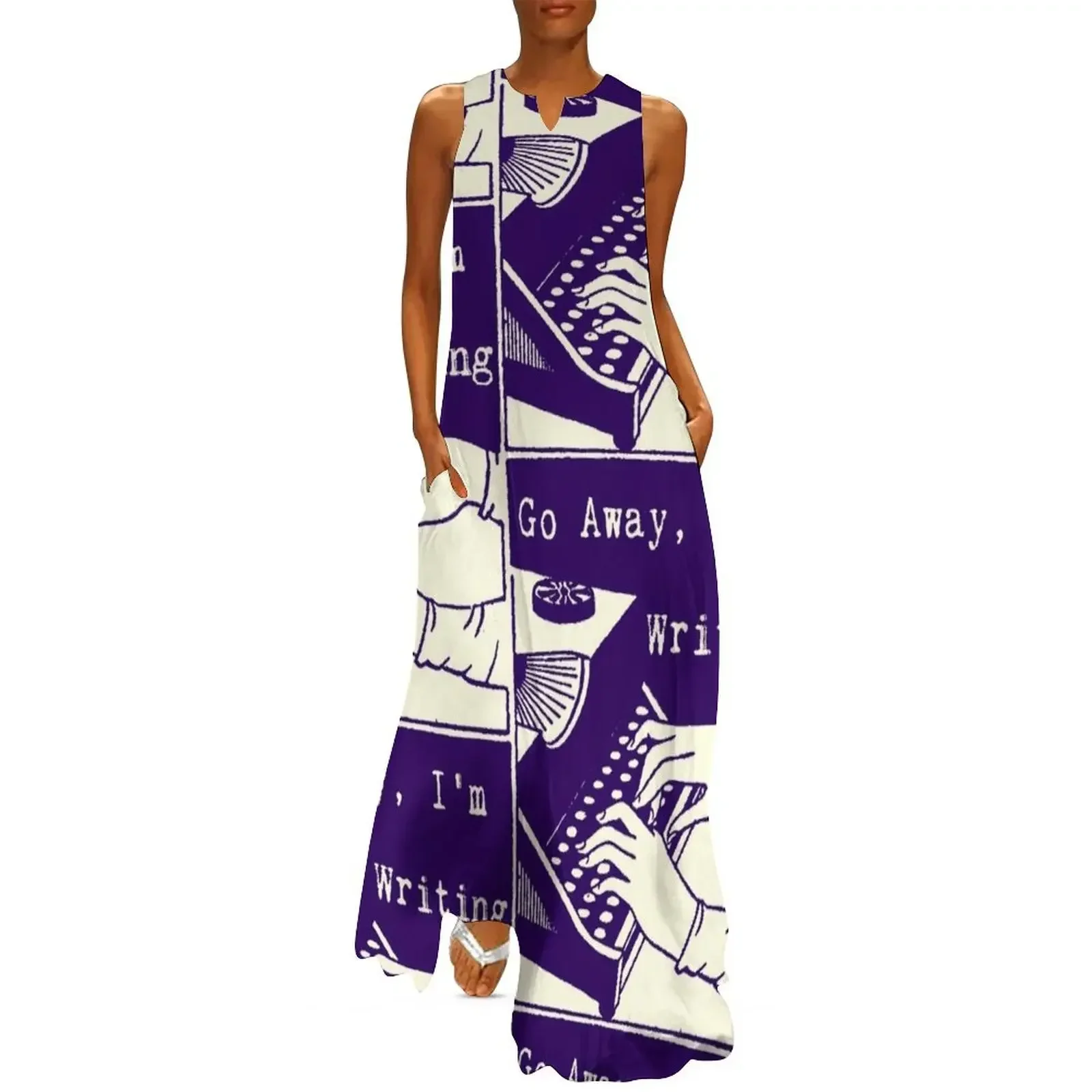 

Go Away, I'm Writing (Dark Blue/Cream) Long Dress Clothing Dress