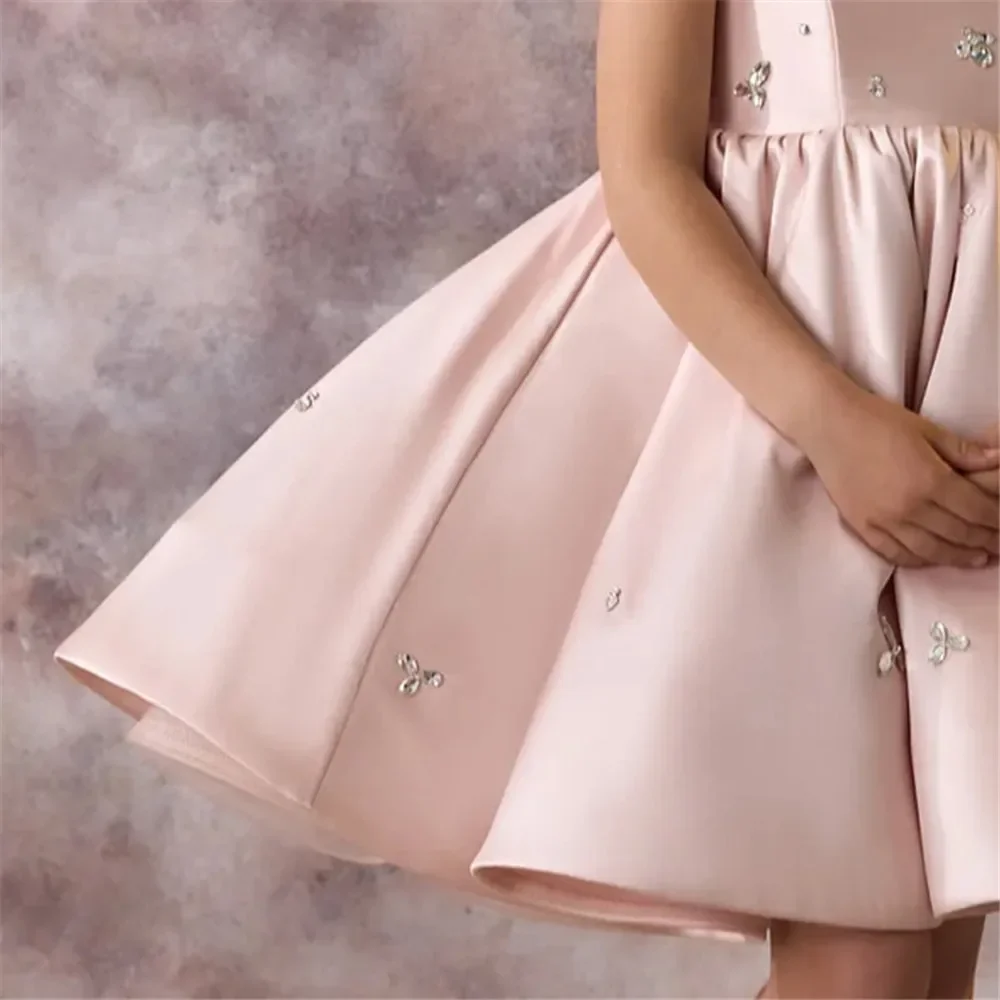 Vestidos de niña de satén azul bebé con cuentas y cuello cuadrado hasta la rodilla para niños, vestido de fiesta de cumpleaños y boda