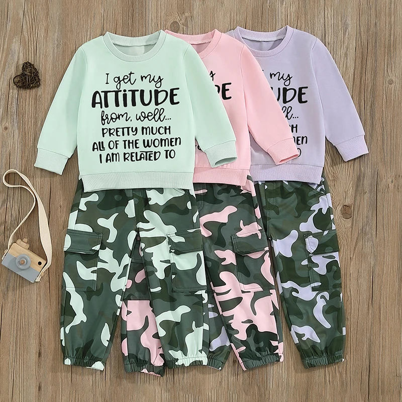 Toddler Girls Clothes 2T 3T 4T 5T Fall Outfits Baby Pullover Sweatshirt & Camouflage Pants Set Kids Winter Sweatsuit