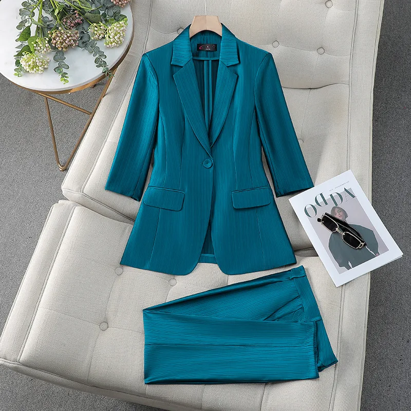 Suit Sets Ladies Temperament 2024 Spring Summer Thin Section Acetate Satin Business Wear Office Lady High-End elegant Blue Suit