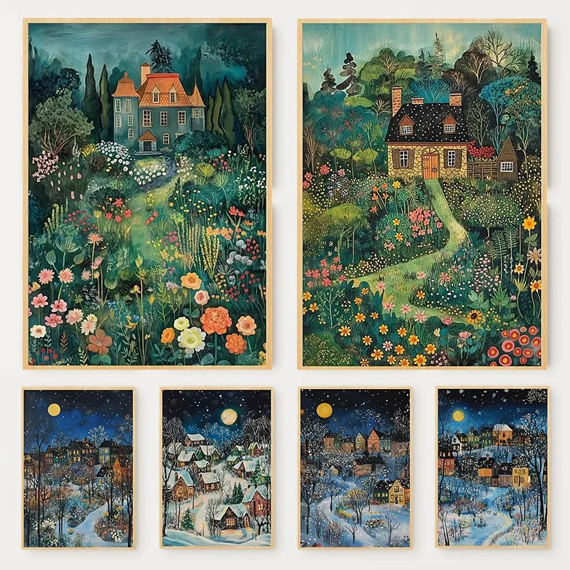 Village Garden Four Seasons Landscape Poster Whimsical Vibrant Cozy Cottages Canvas Painting Wall Art for Living Room Home De