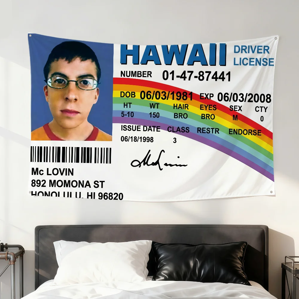 Mclovin ID Flag Fake Driver License Cat Meme Flag Room Dorm Camping Party Hogar Garage Living Room Bed Wall Decor Banner Gift