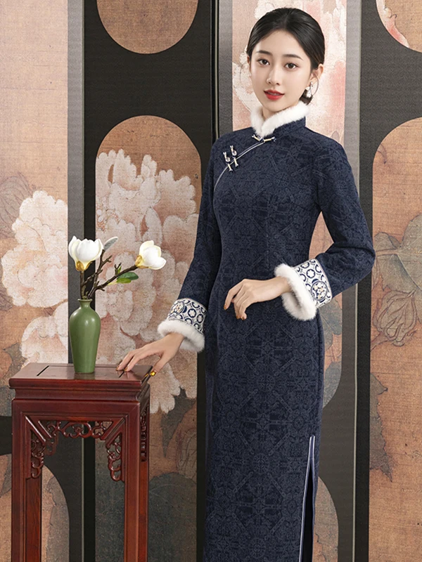 

Fur Collar Fce Lined Long Sve Dr Women's Winter Warm Retro Chinese Sle Daily Life Improved Dr Gown