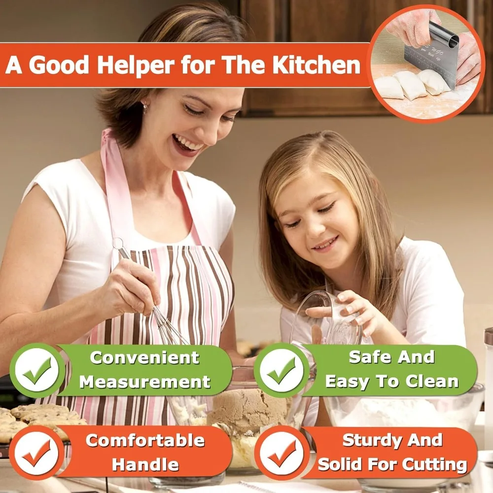 Stainless Steel Dough Scraper & Pizza Cutter with Measuring Scale, Multipurpose Baking Tool