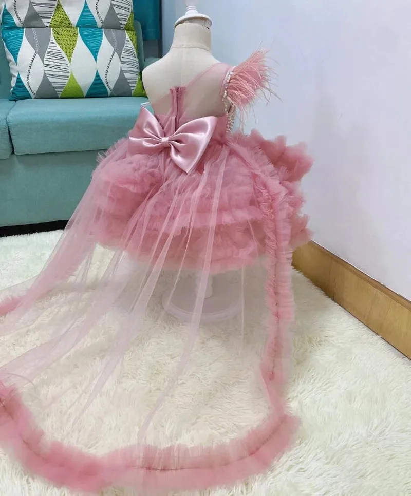 

Customized Flower Girl Dress Tulle Pearl Puffy Single Shoulder Baby Girl Party Gown Fairy Kids Dance Dress First Communion Dress