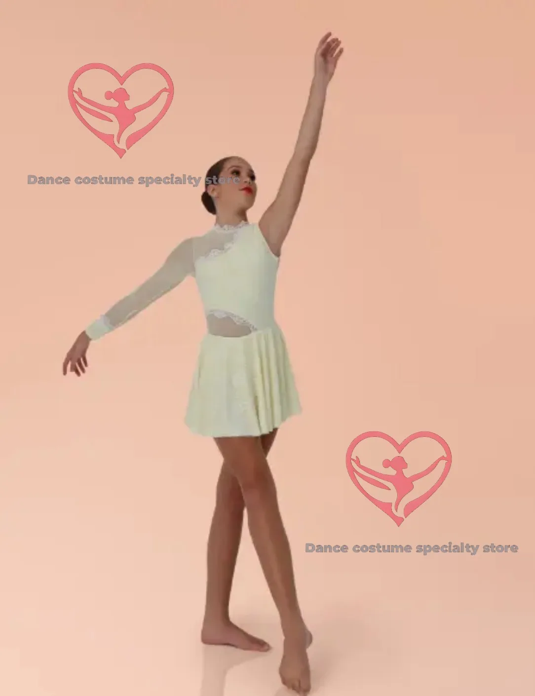 

White elastic and elegant lemon spandex long-sleeve bodysuit with a double-layered circular skirt dance costume