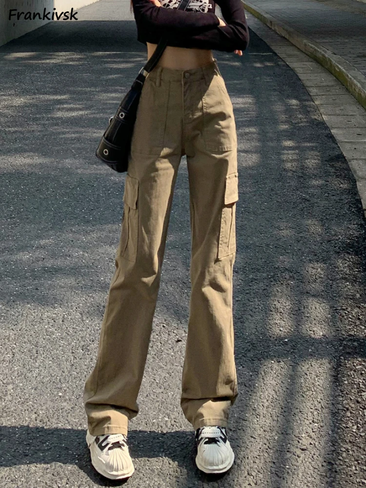 

Cargo Pants Women Fashion Ankle-length Loose Comfortable Solid Pockets High Waisted All-match Simple Trousers Student Pantalones