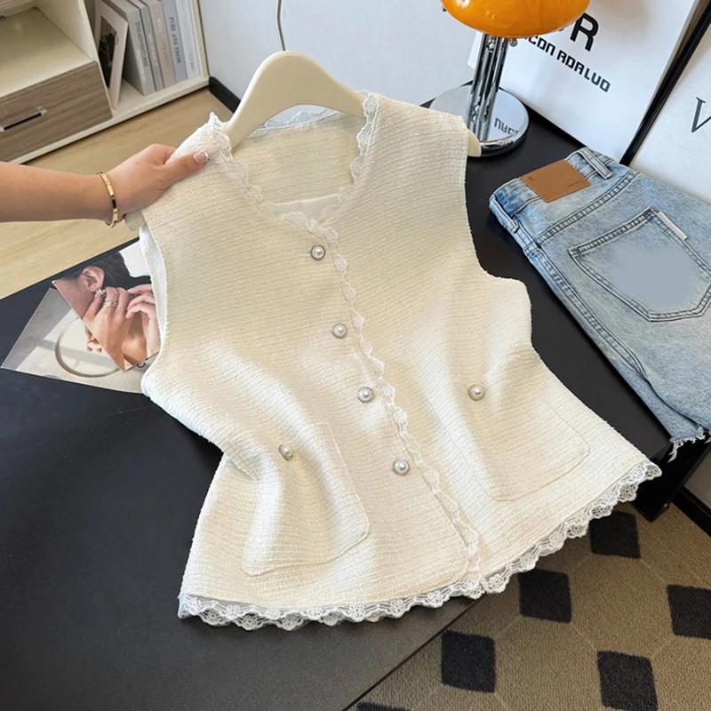 Fashion Lace Patchwork Vest Women Sleeveless Elegant Chic Button V Neck Jacket Simple Office Lady Sweet Pocket Female Coats New
