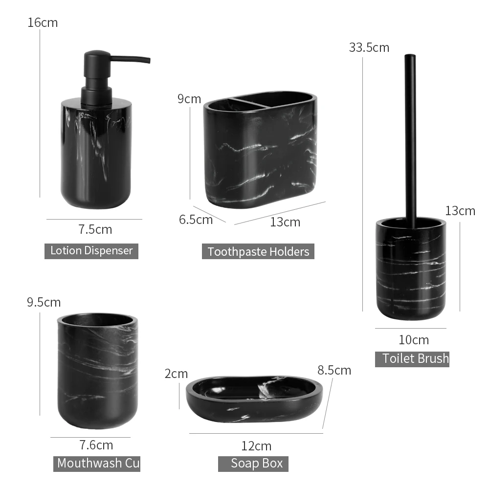 Black Bathroom Accessory Resin Toothbrush Holder Toilet Brush Soap Dispenser Pump Bottle Soap dish Mouthwash Cup